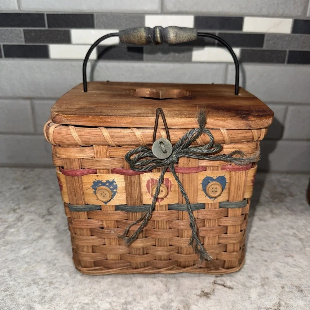 Vintage Tissue Box Basket Heart Cut Out Lid Primitive Cottage granny Core Handle